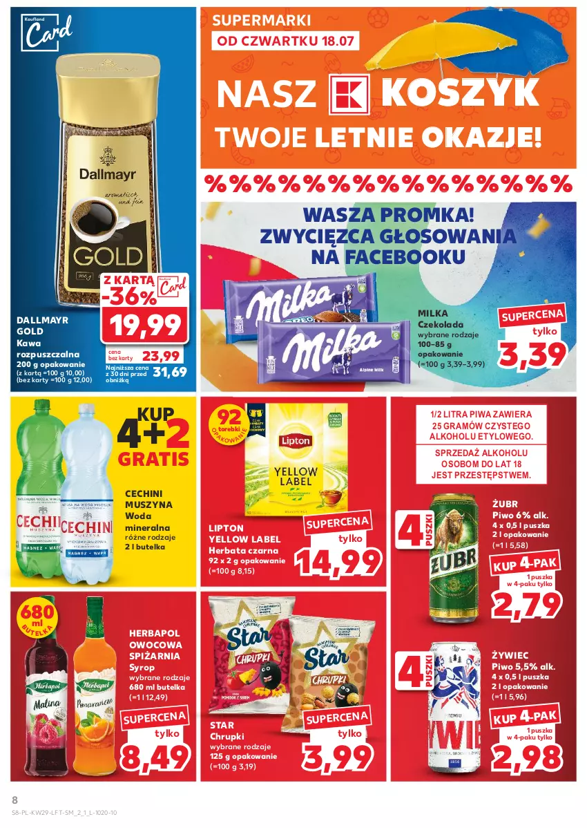 Gazetka promocyjna Kaufland - Gazetka tygodnia - ważna 18.07 do 24.07.2024 - strona 8 - produkty: Chrupki, Czekolada, Dallmayr, Fa, Gra, Herbapol, Herbata, Herbata czarna, Kawa, Kawa rozpuszczalna, Kosz, Lipton, Milka, Mus, Piwa, Piwo, Syrop, Szyna, Woda, Woda mineralna