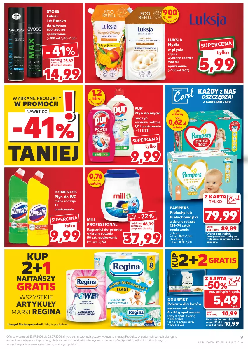 Gazetka promocyjna Kaufland - Gazetka tygodnia - ważna 18.07 do 24.07.2024 - strona 9 - produkty: Do mycia naczyń, Domestos, Gin, Gra, Kapsułki do prania, Lakier, Luksja, Majtki, Mydło, Mydło w płynie, Pampers, Pianka do włosów, Pieluchomajtki, Pieluchy, Płyn do mycia, Płyn do mycia naczyń, Płyn do wc, Pur, Syoss, Waga