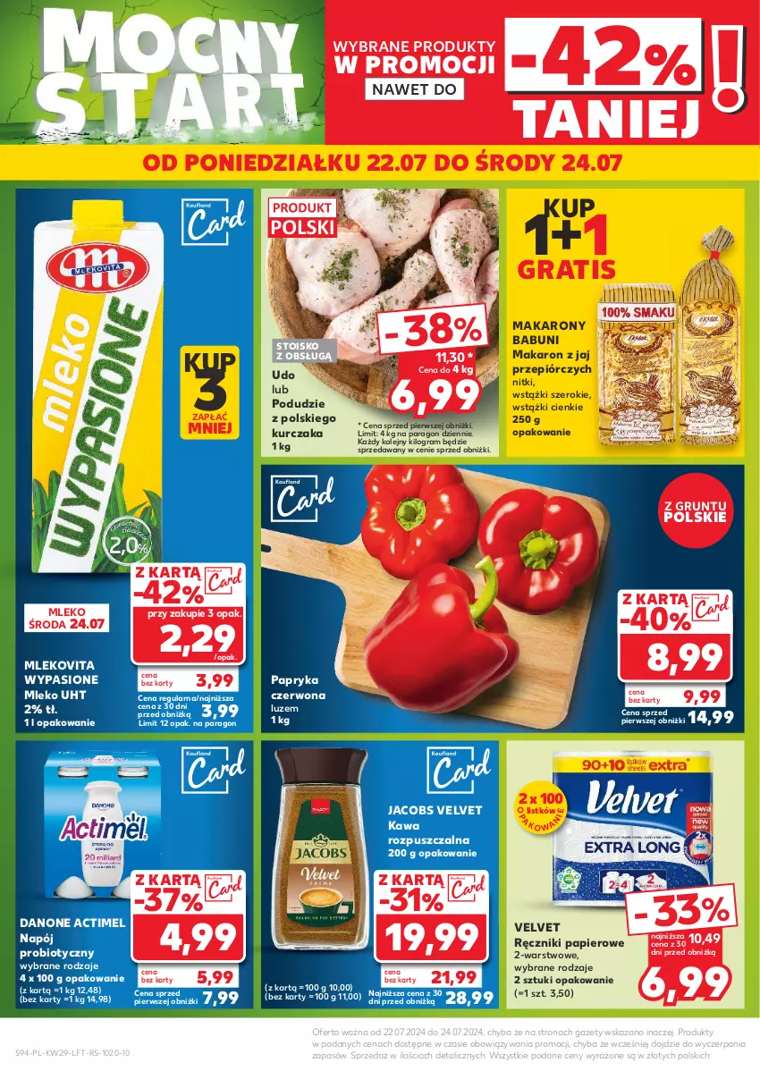 Gazetka promocyjna Kaufland - Gazetka tygodnia - ważna 18.07 do 24.07.2024 - strona 94 - produkty: Actimel, Babuni, Danone, Gra, Grunt, Jacobs, Jacobs Velvet, Kawa, Kawa rozpuszczalna, Kurczak, Makaron, Mleko, Mlekovita, Napój, Olej, Papier, Papryka, Papryka czerwona, Ręcznik, Ręczniki papierowe, Velvet