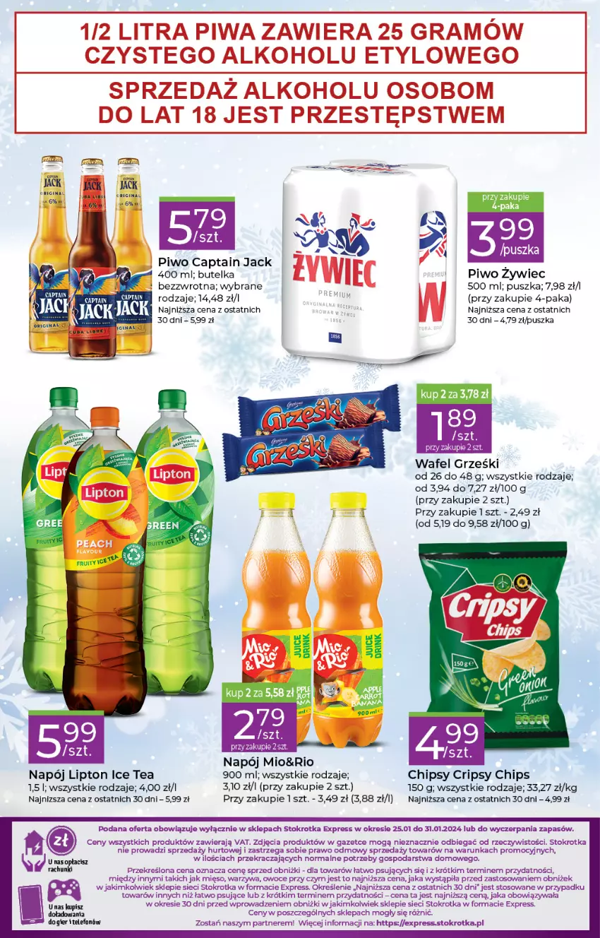 Gazetka promocyjna Stokrotka - Stokrotka Express - ważna 25.01 do 31.01.2024 - strona 3 - produkty: Captain Jack, Chipsy, Fa, Gin, Grześki, Ice tea, Lipton, Mięso, Napój, Owoce, Piwo, Telefon, Warzywa