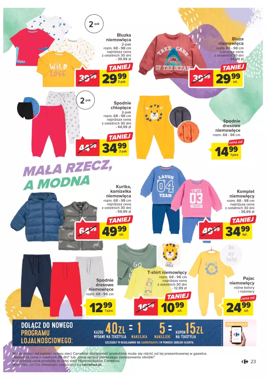 Gazetka promocyjna Carrefour - Gazetka Sztuka jest na Tobie - ważna 11.04 do 22.04.2023 - strona 23 - produkty: Bluza, Dres, Gra, Kamizelka, Klej, Kurtka, Pajac, Spodnie, Spodnie dresowe, T-shirt