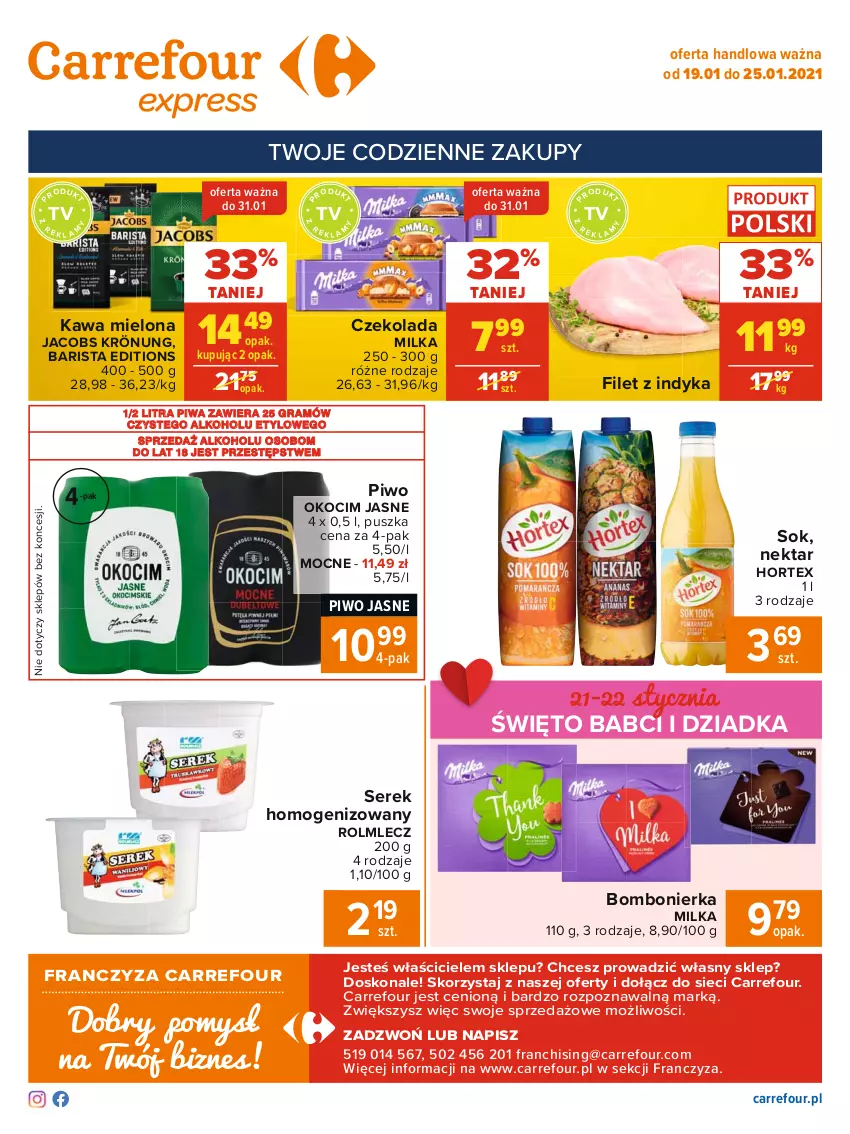 Gazetka promocyjna Carrefour - Gazetka Express - ważna 18.01 do 25.01.2021 - strona 2 - produkty: Czekolada, Gra, Hortex, Jacobs, Jacobs Krönung, Kawa, Kawa mielona, Koc, Milka, Nektar, Okocim, Piwa, Piwo, Piwo jasne, Rolmlecz, Ser, Serek, Serek homogenizowany, Sok