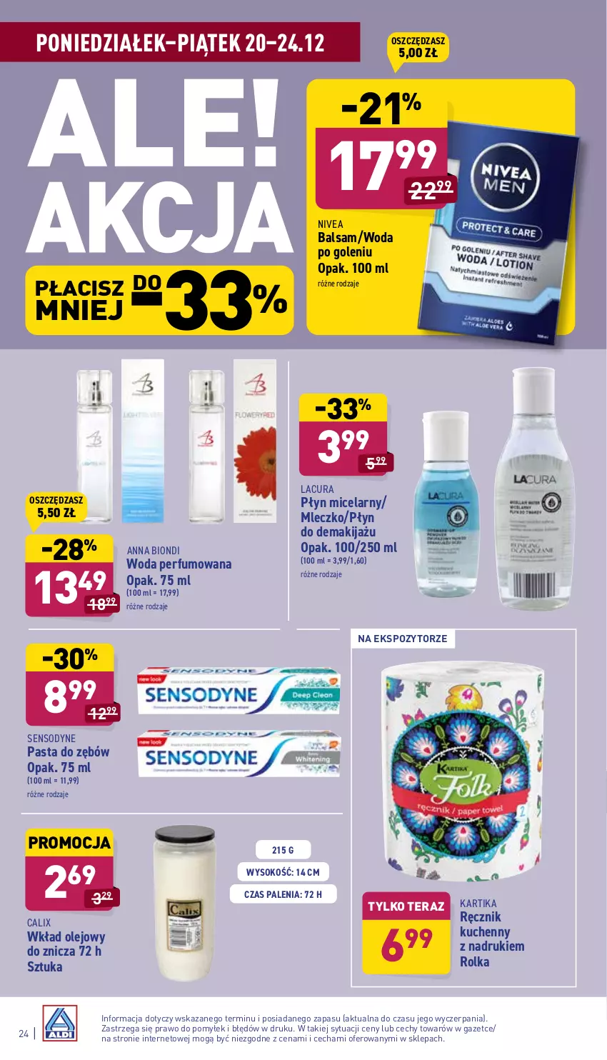 Gazetka promocyjna Aldi - Pełny katalog - ważna 20.12 do 24.12.2021 - strona 24 - produkty: Makijaż, Mleczko, Nivea, Olej, Pasta do zębów, Perfum, Płyn micelarny, Ręcznik, Ręcznik kuchenny, Sensodyne, Sok, Tera, Wkład olejowy, Woda, Woda perfumowana, Woda po goleniu, Znicz