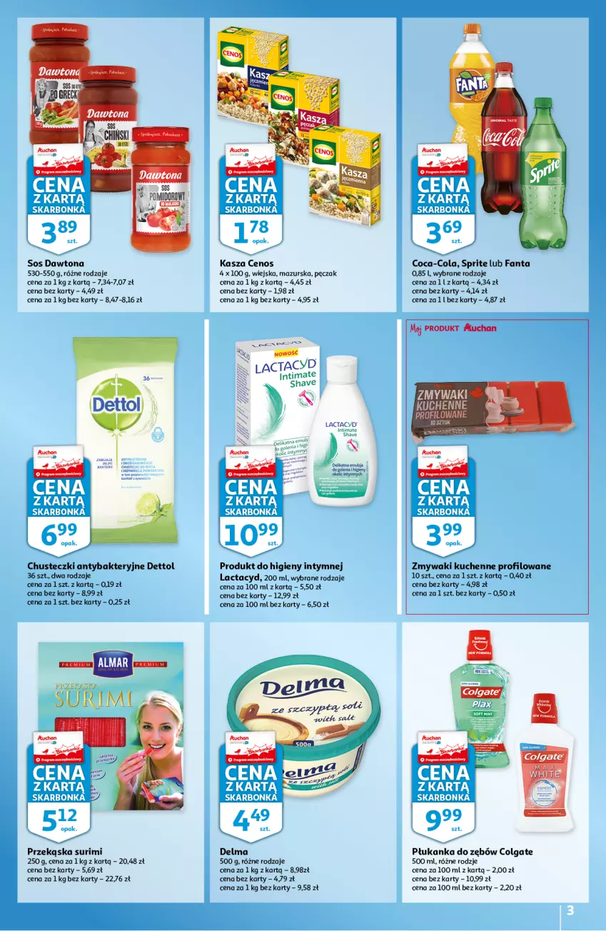 Gazetka promocyjna Auchan - Skarbonka #16 - ważna 19.04 do 27.04.2022 - strona 3 - produkty: Cenos, Chusteczki, Coca-Cola, Colgate, Dawtona, Delma, Dettol, Fa, Fanta, Gra, Kasza, Lactacyd, LG, Sos, Sprite, Surimi, Zmywaki kuchenne