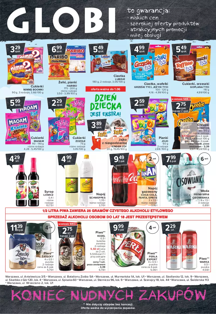 Gazetka promocyjna Carrefour - Gazetka Globi - ważna 24.05 do 31.05.2021 - strona 2 - produkty: Cheetos, Chrupki, Ciastka, Cisowianka, Coca-Cola, Cukier, Cukierki, Fa, Fanta, Goplana, Gra, Grześki, Haribo, Jeżyki, Kinder, Kosz, Kozel, LANA, Lion, Lubisie, Napój, Napój gazowany, Nimm2, Orzeszki, Perła, Piwa, Piwo, Por, Schweppes, Sprite, Syrop, Warka, Woda, Woda mineralna