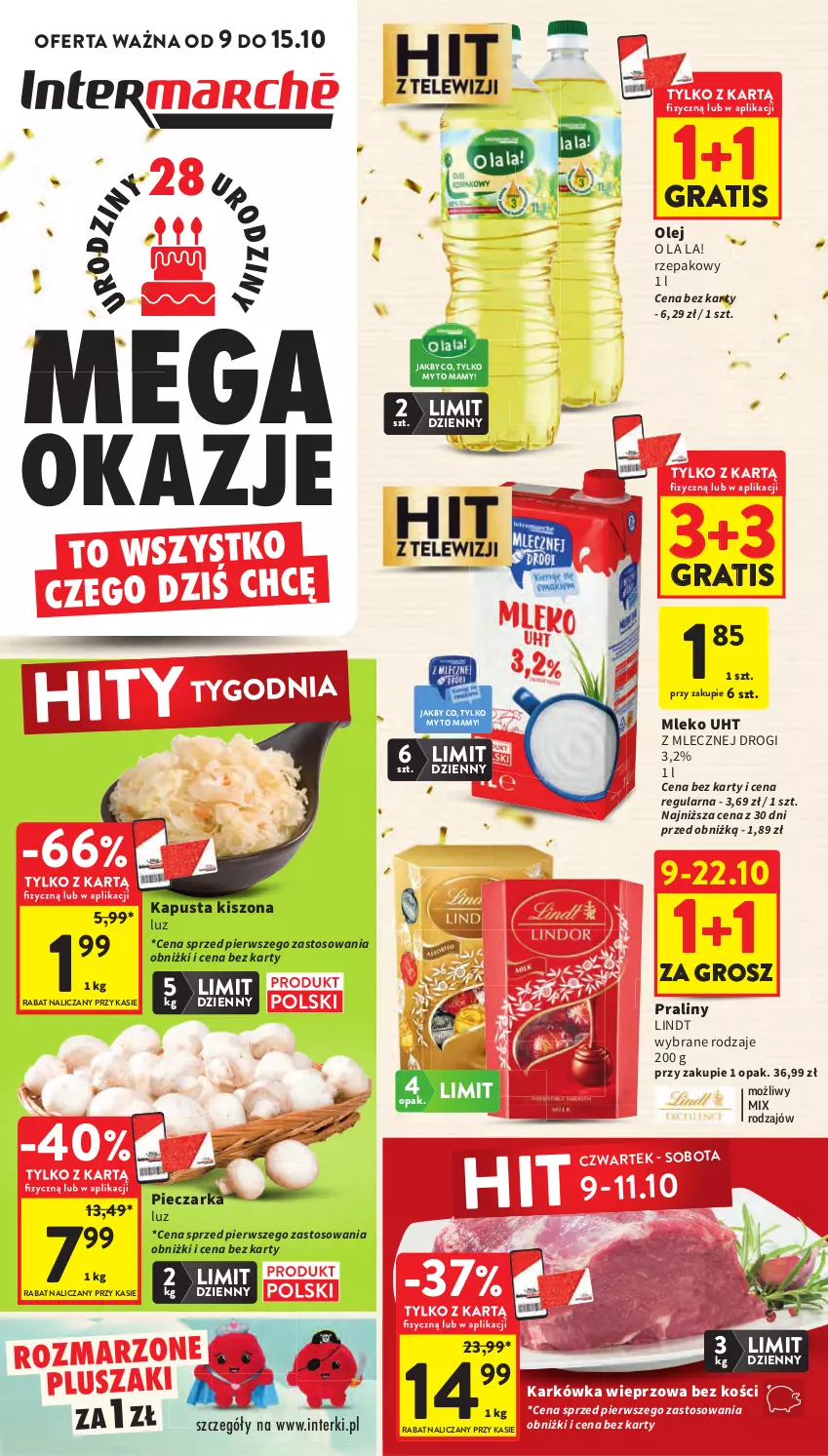 Gazetka promocyjna Intermarche - Gazetka Intermarche - ważna 09.10 do 15.10.2025 - strona 1 - produkty: Gra, Karkówka wieprzowa, Lindt, Mleko, Olej, Piec, Pieczarka, Pluszak, Praliny