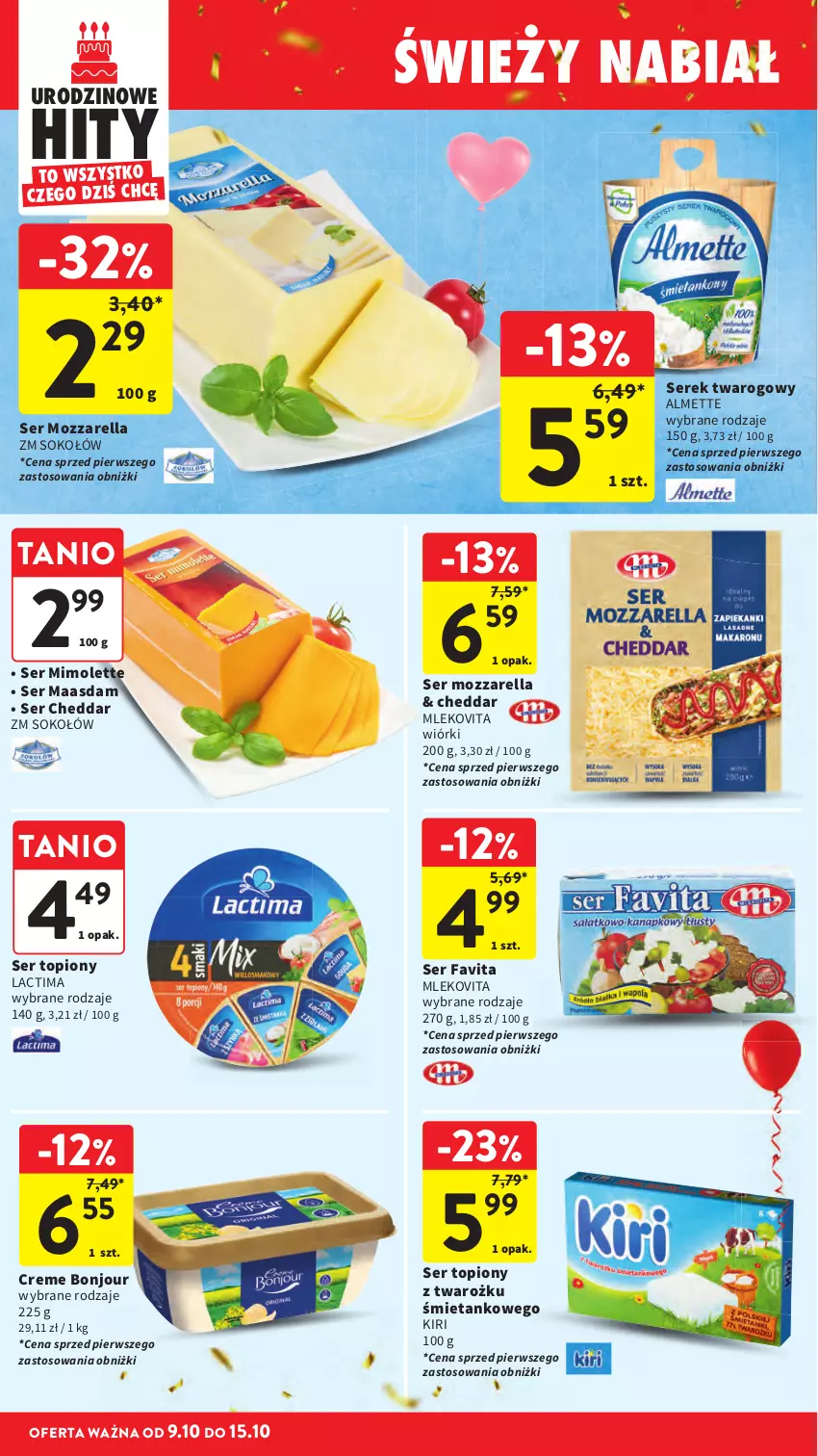 Gazetka promocyjna Intermarche - Gazetka Intermarche - ważna 09.10 do 15.10.2025 - strona 28 - produkty: Almette, Cheddar, Fa, Favita, Maasdam, Mimolette, Mleko, Mlekovita, Mozzarella, Ser, Ser topiony, Serek, Serek twarogowy, Sok, Sokołów, Top