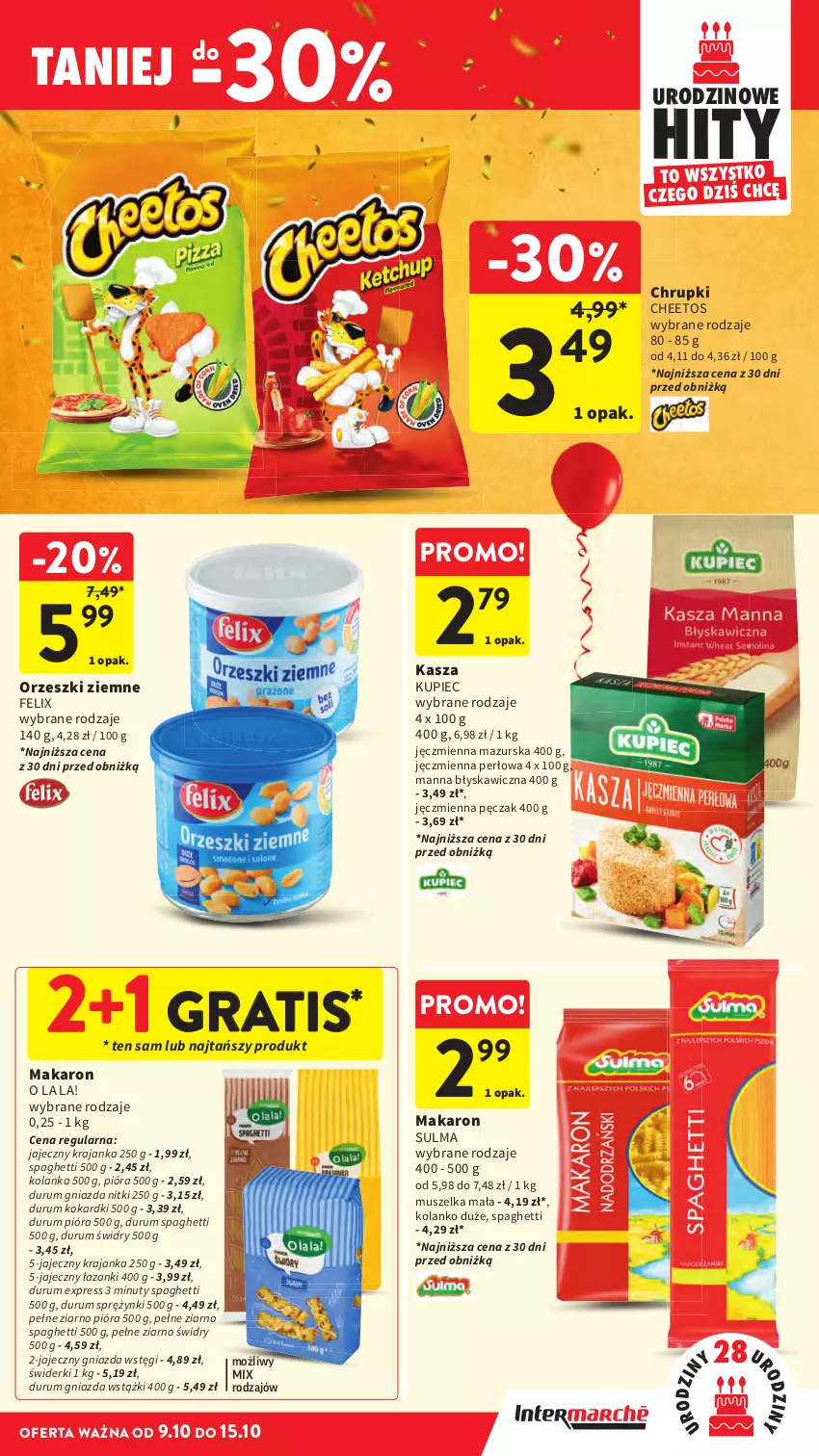Gazetka promocyjna Intermarche - Gazetka Intermarche - ważna 09.10 do 15.10.2025 - strona 37 - produkty: Cheetos, Chrupki, Felix, Gra, Kasza, Kupiec, Makaron, Mus, Nuty, Orzeszki, Orzeszki ziemne, Piec, Rum, Spaghetti