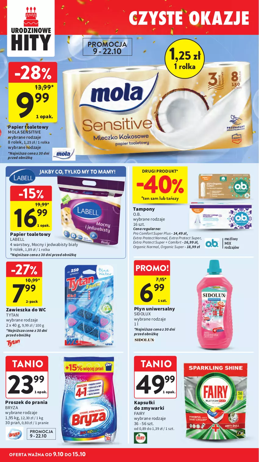 Gazetka promocyjna Intermarche - Gazetka Intermarche - ważna 09.10 do 15.10.2025 - strona 42 - produkty: Bell, Bryza, Fa, Fairy, Mola, O.B., Papier, Papier toaletowy, Proszek do prania, Sidolux, Tampony, Tytan, Zawieszka do wc, Zmywarki