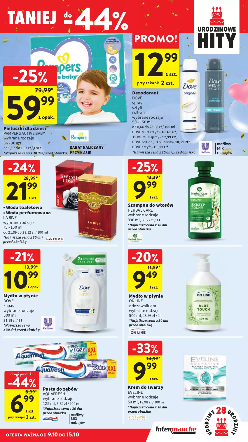 Gazetka promocyjna Intermarche - Gazetka Intermarche - ważna 09.10 do 15.10.2025 - strona 43 - produkty: Aquafresh, Dezodorant, Dove, Dozownik, Dzieci, Eveline, Krem do twarzy, La Rive, Mydło, Mydło w płynie, Pampers, Pasta do zębów, Perfum, Szampon, Woda, Woda perfumowana, Woda toaletowa