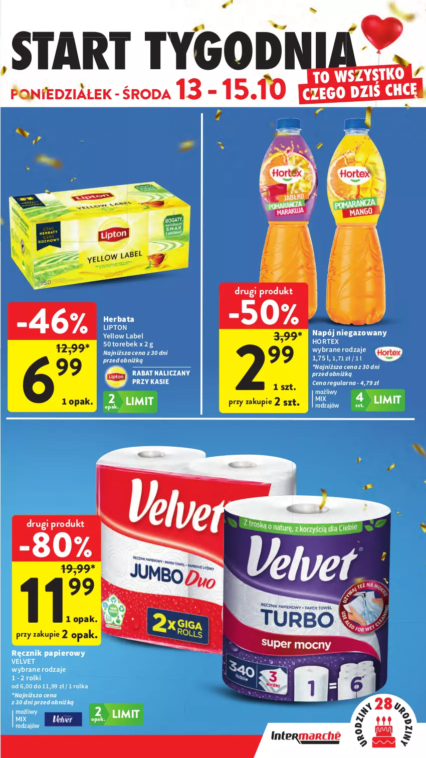 Gazetka promocyjna Intermarche - Gazetka Intermarche - ważna 09.10 do 15.10.2025 - strona 47 - produkty: Herbata, Hortex, Lipton, Napój, Napój niegazowany, Papier, Ręcznik, Rolki, Velvet