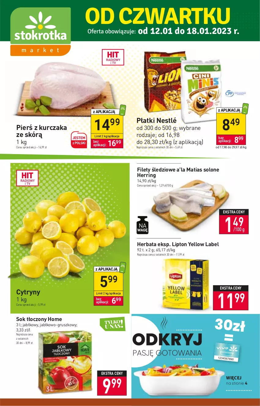 Gazetka promocyjna Stokrotka - Market - ważna 12.01 do 18.01.2023 - strona 1 - produkty: Cytryny, Herbata, Kurczak, Lipton, Nestlé, Sok