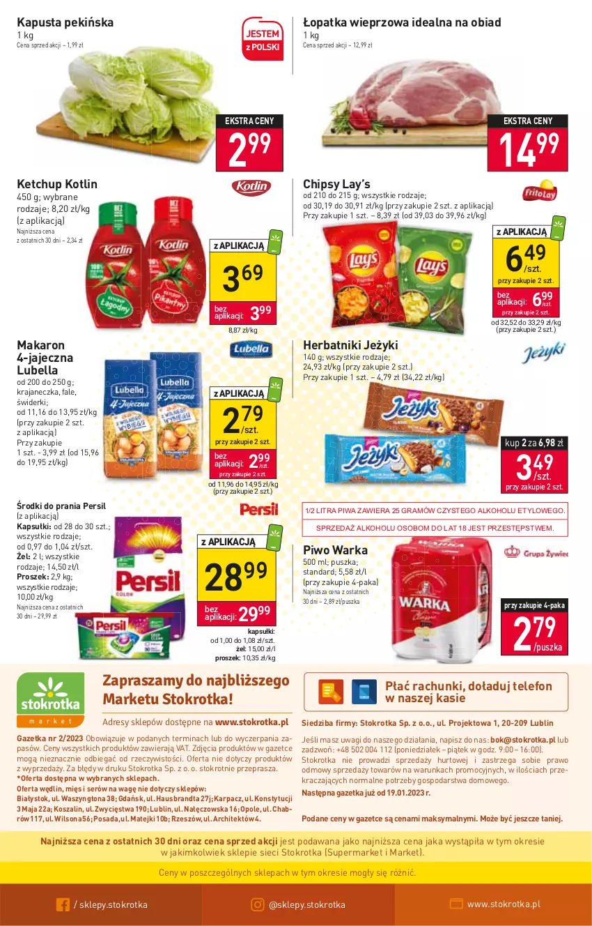 Gazetka promocyjna Stokrotka - Market - ważna 12.01 do 18.01.2023 - strona 12 - produkty: Bell, Bella, Chipsy, Fa, Gra, Herbatniki, Jeżyki, Karp, Ketchup, Kosz, Kotlin, Kupiec, Lay’s, Lubella, Makaron, O nas, Persil, Piec, Piwa, Piwo, Ser, Szal, Telefon, Wagi, Warka, Wilson