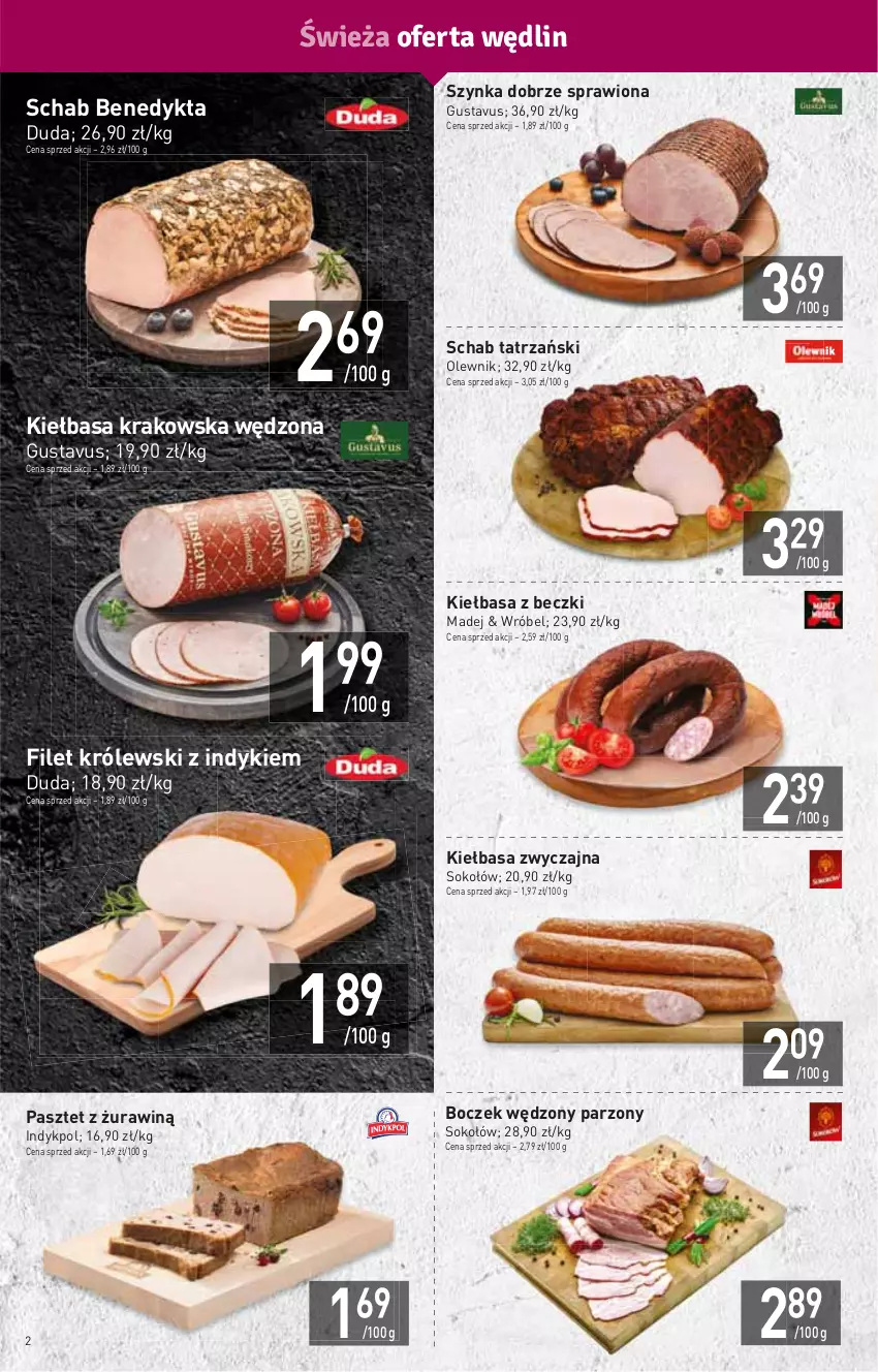 Gazetka promocyjna Stokrotka - Market - ważna 12.01 do 18.01.2023 - strona 2 - produkty: Boczek, Duda, HP, Kiełbasa, Kiełbasa krakowska, Królewski, Olewnik, Pasztet, Schab Benedykta, Sok, Sokołów, Szynka