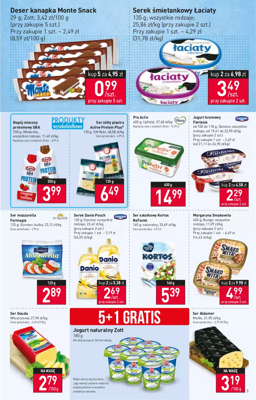 Gazetka promocyjna Stokrotka - Market - ważna 12.01 do 18.01.2023 - strona 5 - produkty: Danio, Danone, Deser, Fa, Fanta, Gouda, Gra, Jogurt, Jogurt naturalny, Margaryna, Mleko, Mlekovita, Monte, Mozzarella, Napój, Napój mleczny, NaTurek, Por, Sałat, Ser, Serek, Smakowita, Zott