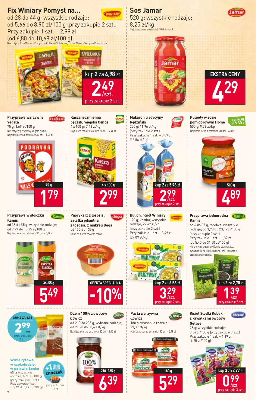 Gazetka promocyjna Stokrotka - Market - ważna 12.01 do 18.01.2023 - strona 6 - produkty: Bulion, Cenos, Czosnek, Dega, Dżem, Kamis, Kasza, Kasza jęczmienna, Kawa, Kisiel, Kubek, Lion, Makaron, Papryka, Paprykarz, Pasta warzywna, Przyprawy, Pulpety, Rosół, Ryż, Sałat, Sałatka, Sonko, Sos, Torebka, Vegeta, Vegeta Natur, Winiary