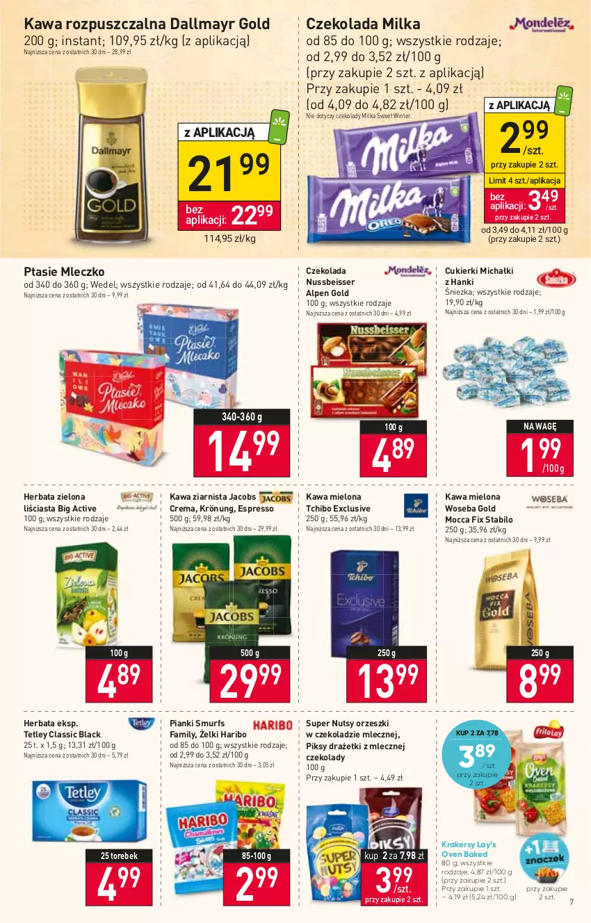 Gazetka promocyjna Stokrotka - Market - ważna 12.01 do 18.01.2023 - strona 7 - produkty: Cukier, Cukierki, Czekolada, Dallmayr, Fa, Haribo, Herbata, Jacobs, Kawa, Kawa mielona, Kawa rozpuszczalna, Kawa ziarnista, Krakersy, Lack, Lay’s, Michałki, Milka, Mleczko, Orzeszki, Ptasie mleczko, Ser, Tchibo, Tetley, Woseba