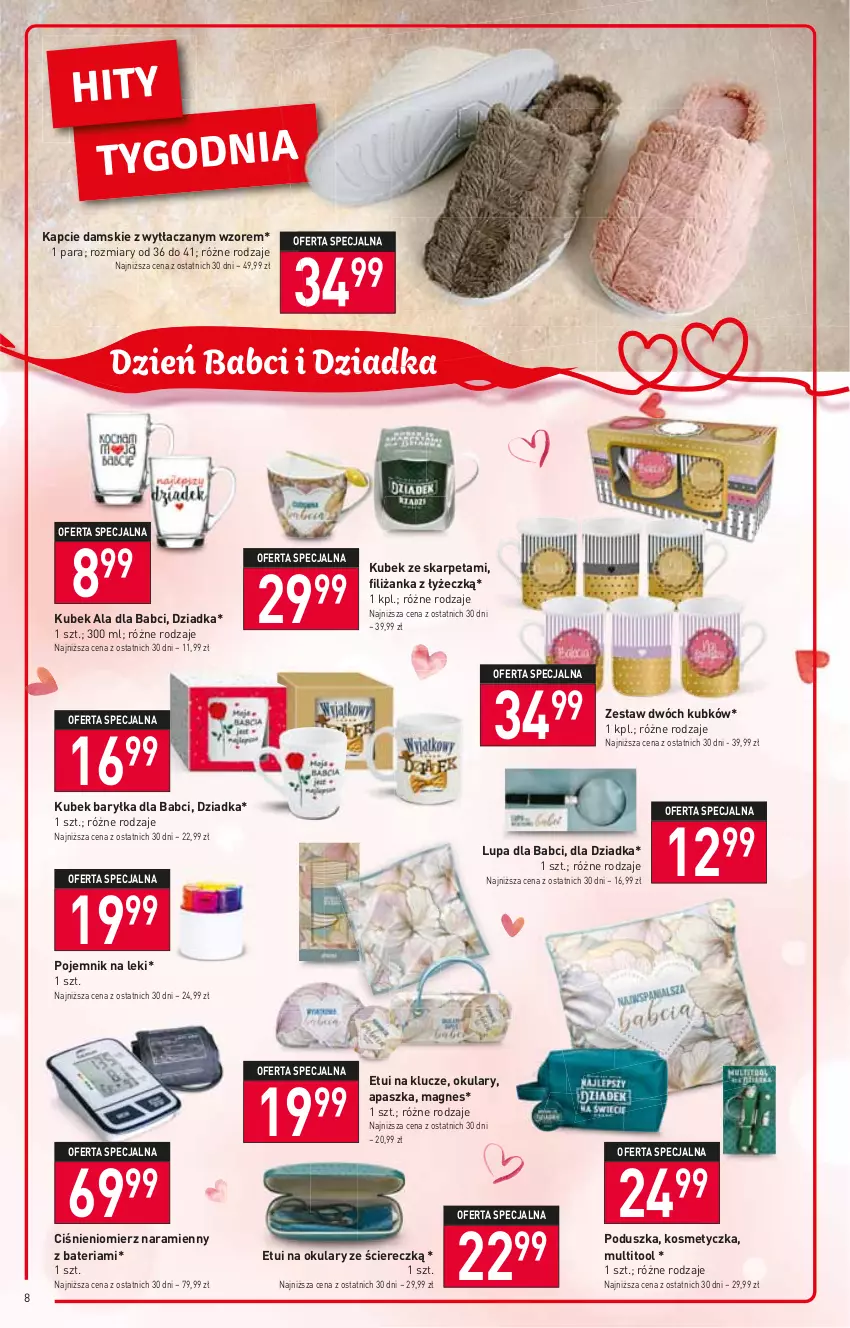 Gazetka promocyjna Stokrotka - Market - ważna 12.01 do 18.01.2023 - strona 8 - produkty: Bateria, Ciśnieniomierz, Filiżanka, Kapcie, Karp, Kosmetyczka, Kubek, Poduszka, Pojemnik, Pojemnik na leki