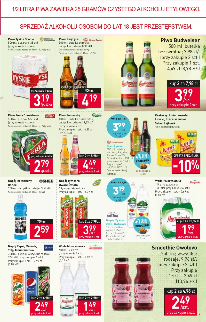 Gazetka promocyjna Stokrotka - Market - ważna 12.01 do 18.01.2023 - strona 9 - produkty: 7up, Fa, Gra, Krakersy, Książęce, Lajkonik, Mirinda, Mus, Muszynianka, Napój, Napój izotoniczny, Oshee, Owoce, Pepsi, Perła, Piwa, Piwo, Por, Precelki, Ser, Smoothie, Somersby, Tymbark, Tyskie, Woda