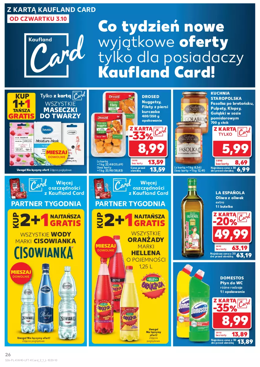 Gazetka promocyjna Kaufland - Gazetka tygodnia - ważna 03.10 do 09.10.2024 - strona 26 - produkty: Cisowianka, Domestos, Fa, Gra, Hellena, Kuchnia, Kuchnia Staropolska, Kurczak, Oliwa z oliwek, Płyn do wc, Pulpety, Sos, Waga