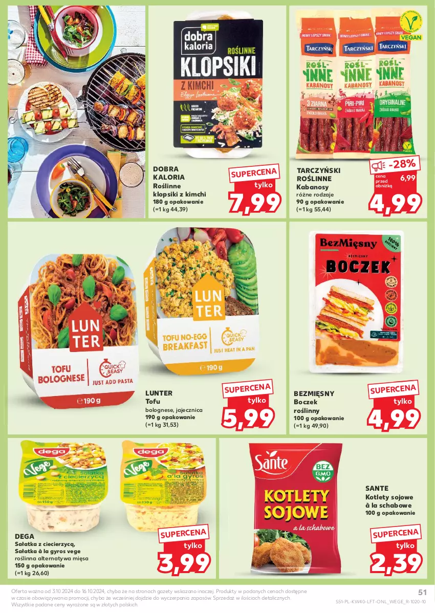 Gazetka promocyjna Kaufland - Gazetka tygodnia - ważna 03.10 do 09.10.2024 - strona 51 - produkty: Boczek, Dega, Gyros, Kabanos, Klopsiki, Kotlet, Roślinne kabanosy, Sałat, Sałatka, Sante, Tarczyński, Tofu