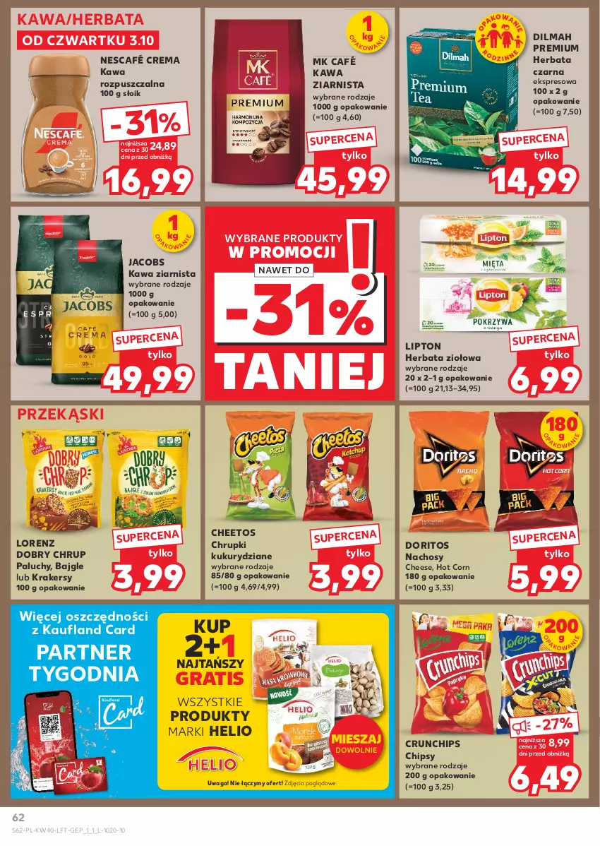 Gazetka promocyjna Kaufland - Gazetka tygodnia - ważna 03.10 do 09.10.2024 - strona 62 - produkty: Bajgle, Cheetos, Chipsy, Chrupki, Crunchips, Dilmah, Gra, Helio, Herbata, Herbata czarna, Jacobs, Kawa, Kawa rozpuszczalna, Kawa ziarnista, Krakersy, Lipton, Lorenz, Nescafé, Waga