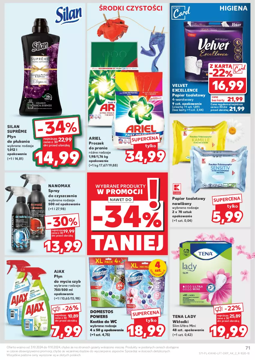 Gazetka promocyjna Kaufland - Gazetka tygodnia - ważna 03.10 do 09.10.2024 - strona 71 - produkty: Ajax, Ariel, Domestos, Kostka do wc, Nanomax, Papier, Papier toaletowy, Płyn do mycia, Płyn do płukania, Proszek do prania, Silan, Spray do czyszczenia, Velvet, Wkładki