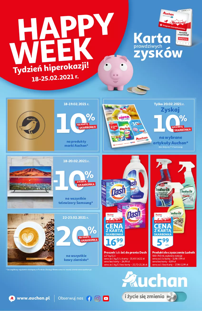 Gazetka promocyjna Auchan - Skarbonka #7 - ważna 18.02 do 25.02.2021 - strona 1 - produkty: Akumulator, BIC, Brie, Camembert, Chappi, Chusteczki, Czekolada, Duck, Fa, Farba do włosów, Foxy, Kiełbasa, Kiełbasa krakowska, L’Oréal, Ludwik, Lysol, Mus, Odkamieniacz, Odkurzacz, Odkurzacz bezprzewodowy, Odplamiacz, Optima, Optima Cardio, Papier, Pastylki, Piwo, Por, Président, Pronto, Ręcznik, Ritter Sport, Samsung, Schauma, Ser, Ser pleśniowy, Sok, Sport, Sucha karma, Szampon, Tefal, Telewizor, Telewizory, Tera, Tymbark, Vileda, Zestaw końcówek