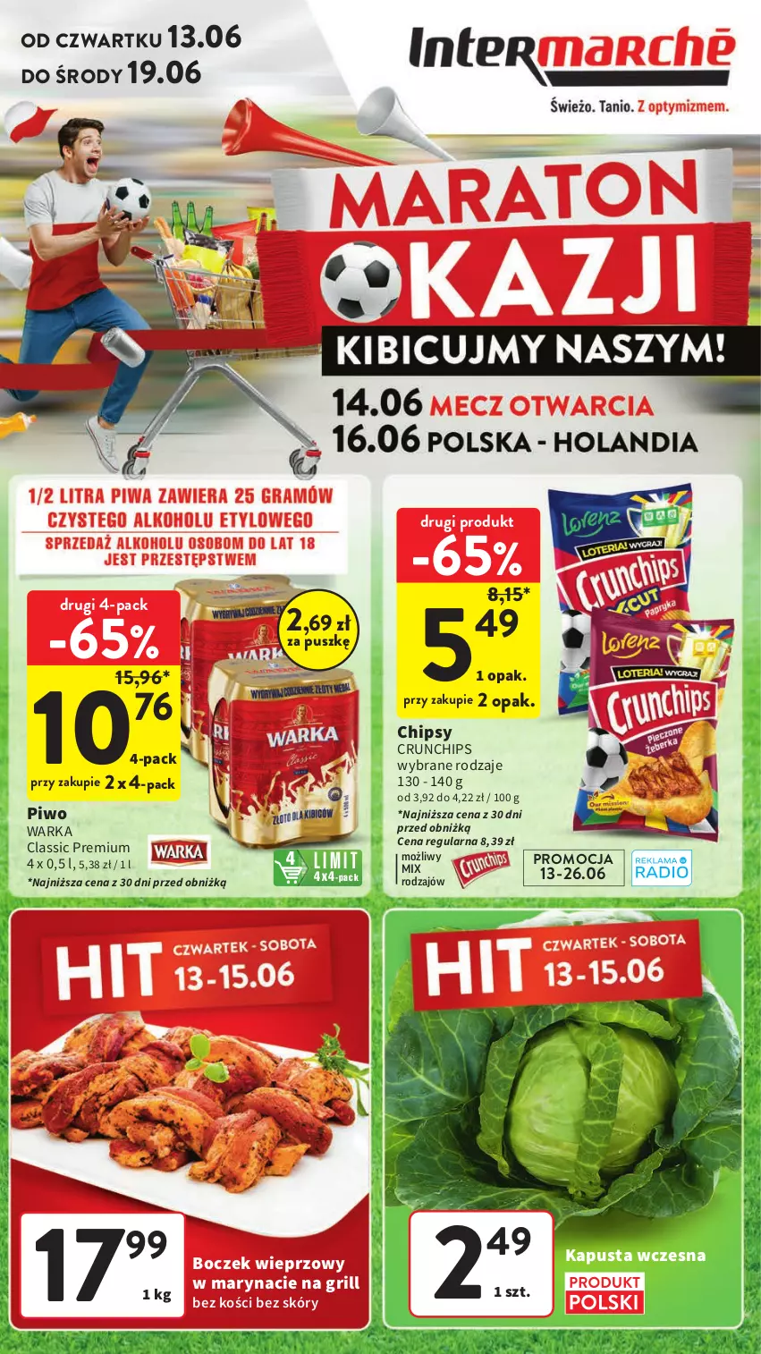 Gazetka promocyjna Intermarche - Gazetka Intermarche - ważna 13.06 do 19.06.2024 - strona 1 - produkty: Boczek, Boczek wieprzowy, Chipsy, Crunchips, Grill, Piwo, Warka