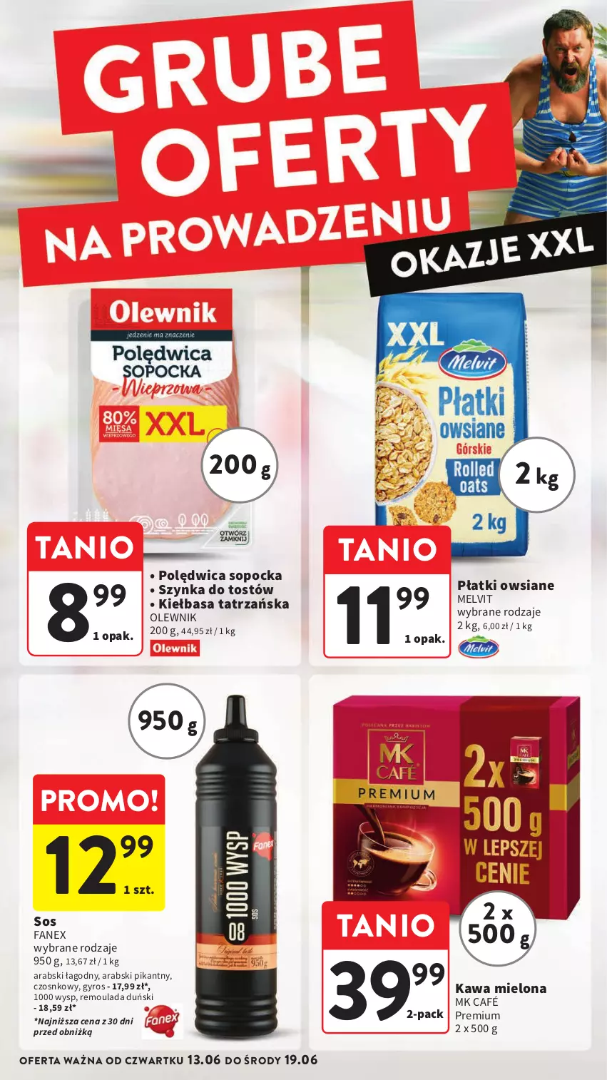 Gazetka promocyjna Intermarche - Gazetka Intermarche - ważna 13.06 do 19.06.2024 - strona 14 - produkty: Fa, Gyros, Kawa, Kawa mielona, Kiełbasa, Melvit, Olewnik, Płatki owsiane, Polędwica, Sos, Szynka