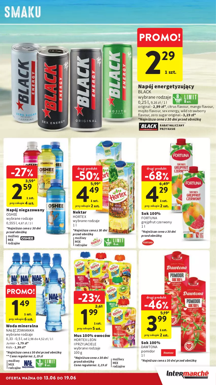 Gazetka promocyjna Intermarche - Gazetka Intermarche - ważna 13.06 do 19.06.2024 - strona 41 - produkty: Dawtona, Fortuna, Gin, Grejpfrut, Hortex, Lack, Leon, Mango, Mus, Nałęczowianka, Napój, Napój niegazowany, Nektar, Oshee, Sok, Woda, Woda mineralna