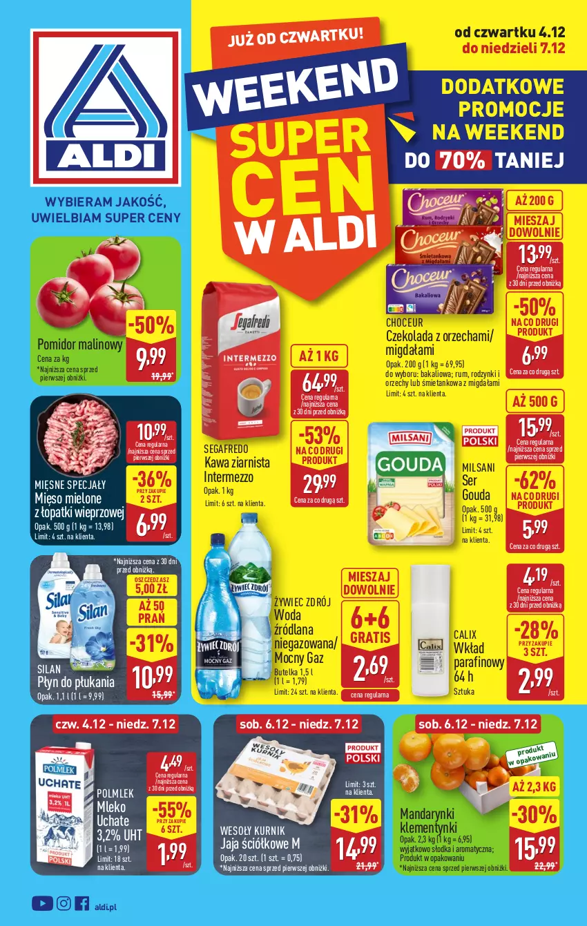 Gazetka promocyjna Aldi - Wykwintne smaki - ważna 04.12 do 07.12.2025 - strona 1 - produkty: Czekolada, Gouda, Gra, Jaja, Kawa, Kawa ziarnista, Klementynki, LANA, Mandarynki, Mięsne specjały, Mięso, Mięso mielone, Mięso mielone z łopatki wieprzowej, Mleko, Płyn do płukania, POLMLEK, Pomidor malinowy, Rodzynki, Rum, Segafredo, Ser, Silan, Woda