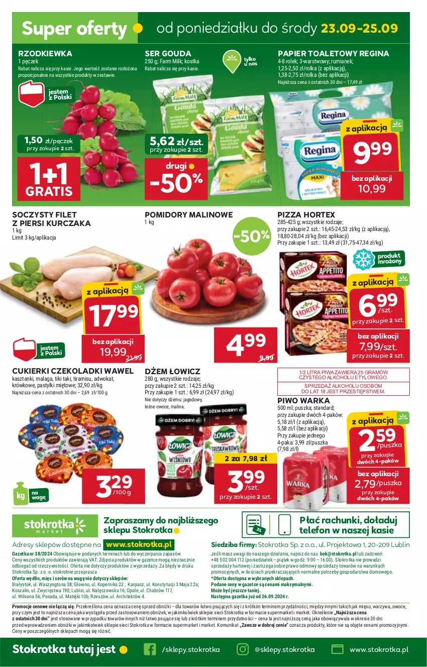 Gazetka promocyjna Stokrotka - Market - ważna 19.09 do 25.09.2024 - strona 19 - produkty: Cukier, Cukierki, Dres, Dżem, Filet z piersi kurczaka, Gin, Gouda, Gra, Hortex, HP, JBL, Kurczak, Papier, Papier toaletowy, Piwa, Piwo, Pizza, Pomidory, Rum, Rzodkiewka, Ser, Telefon, Warka, Wawel