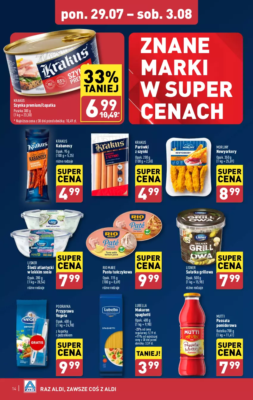 Gazetka promocyjna Aldi - Pełna oferta - ważna 29.07 do 03.08.2024 - strona 14 - produkty: Bell, Bella, Grill, Kabanos, Krakus, Lisner, Lubella, Makaron, Morliny, Parówki, Parówki z szynki, Podravka, Rio Mare, Sałat, Sałatka, Sos, Spaghetti, Szynka, Szynka premium, Tuńczyk, Vegeta