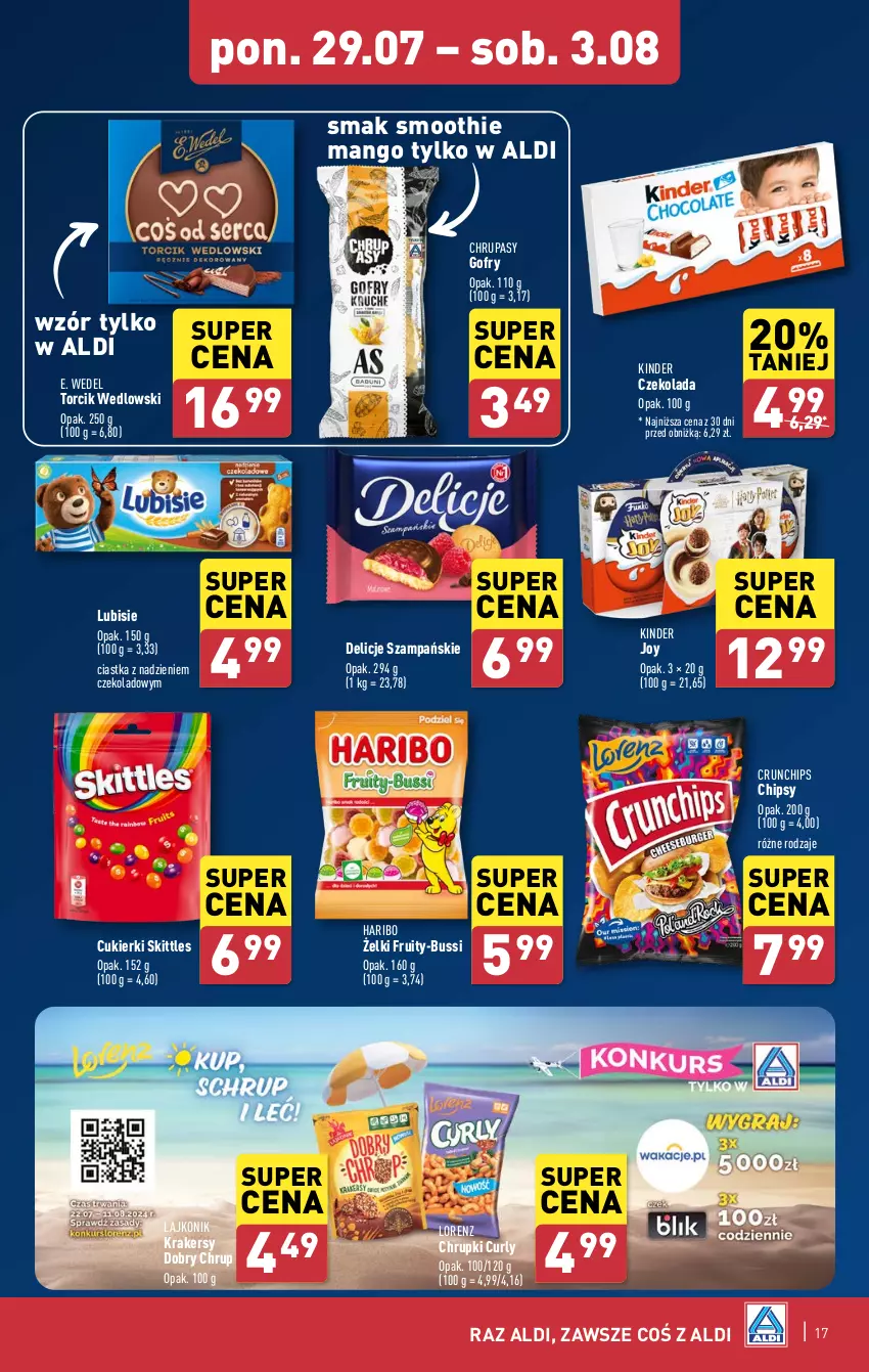 Gazetka promocyjna Aldi - Pełna oferta - ważna 29.07 do 03.08.2024 - strona 17 - produkty: Chipsy, Chrupki, Ciastka, Crunchips, Cukier, Cukierki, Czekolada, Delicje, E. Wedel, Gofry, Haribo, Kinder, Krakersy, Lajkonik, Lorenz, Lubisie, Mango, Smoothie