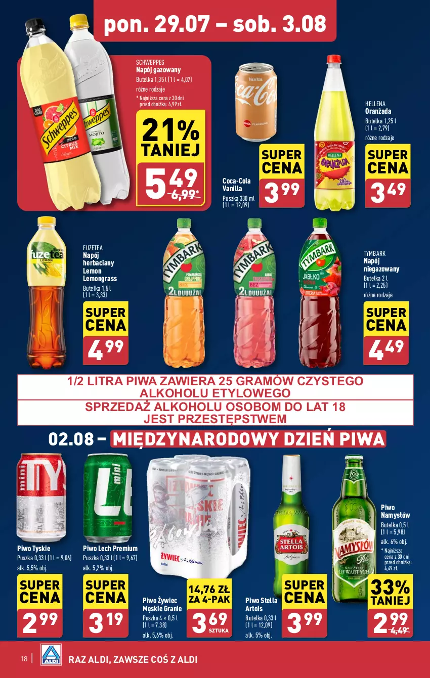 Gazetka promocyjna Aldi - Pełna oferta - ważna 29.07 do 03.08.2024 - strona 18 - produkty: Coca-Cola, Gra, Hellena, Lech Premium, Namysłów, Napój, Napój gazowany, Napój niegazowany, Oranżada, Piwa, Piwo, Schweppes, Tymbark, Tyskie