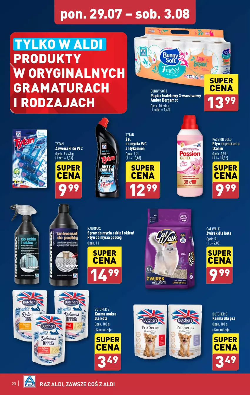 Gazetka promocyjna Aldi - Pełna oferta - ważna 29.07 do 03.08.2024 - strona 20 - produkty: Butcher's, Gin, Gra, Nanomax, Papier, Papier toaletowy, Płyn do mycia, Płyn do mycia podłóg, Płyn do płukania, Rama, Tytan, Zawieszki