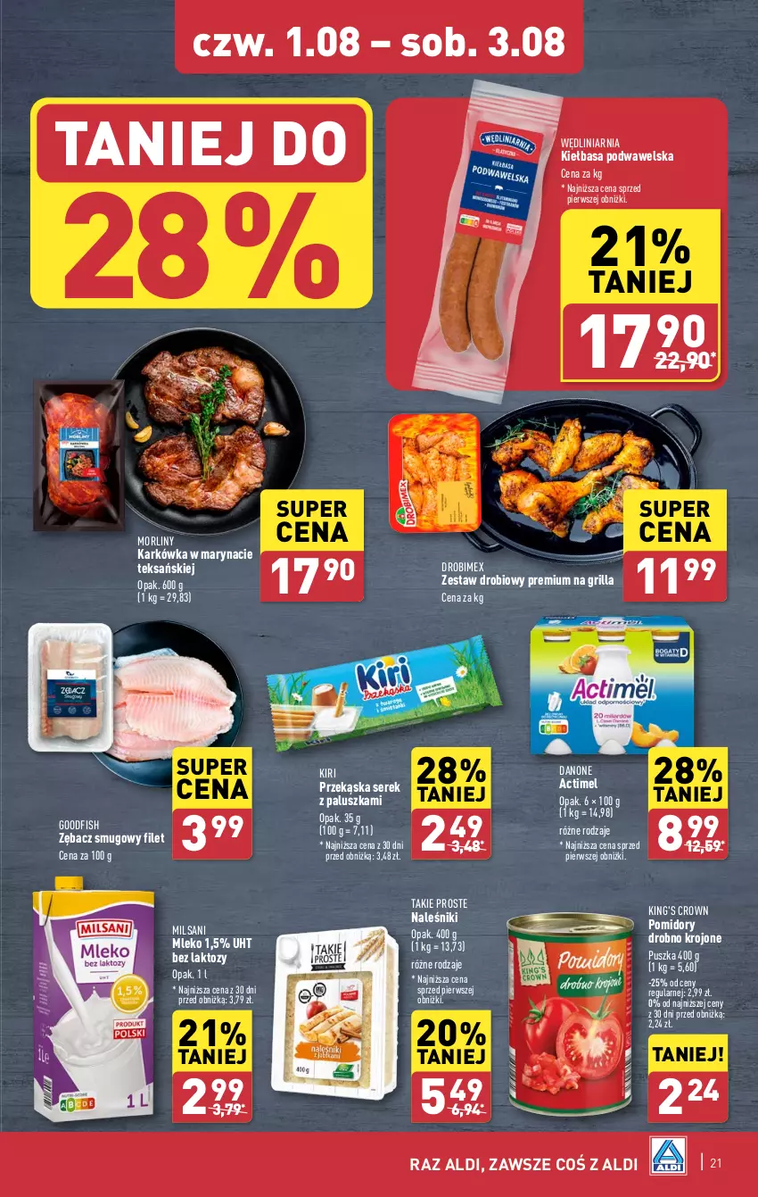 Gazetka promocyjna Aldi - Pełna oferta - ważna 29.07 do 03.08.2024 - strona 21 - produkty: Actimel, Danone, Drobimex, Grill, Kiełbasa, Kiełbasa podwawelska, Mleko, Morliny, Naleśniki, Pomidory, Ser, Serek, Wawel