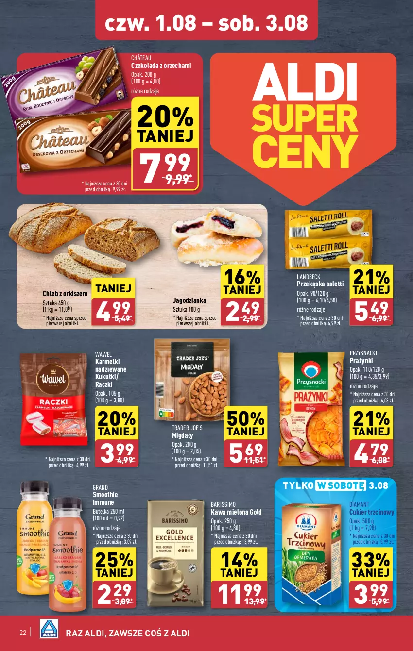 Gazetka promocyjna Aldi - Pełna oferta - ważna 29.07 do 03.08.2024 - strona 22 - produkty: Chleb, Cukier, Cukier trzcinowy, Czekolada, Diamant, Gra, Jagodzianka, Kawa, Kawa mielona, Migdały, Przysnacki, Smoothie, Wawel