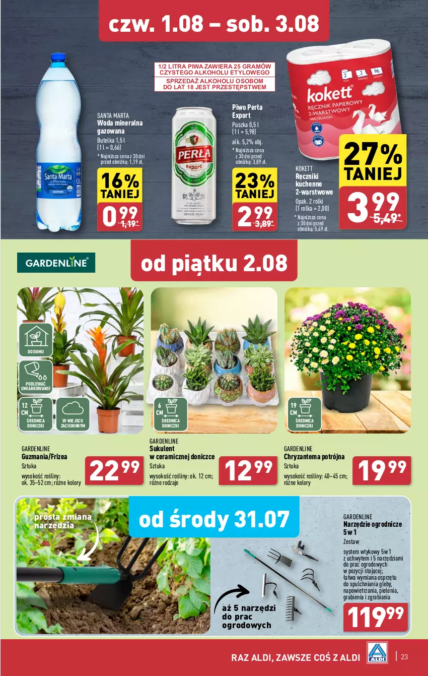 Gazetka promocyjna Aldi - Pełna oferta - ważna 29.07 do 03.08.2024 - strona 23 - produkty: Chryzantema, Gra, Perła, Piwa, Piwo, Por, Ręcznik, Rolki, Sok, Sukulent, Woda, Woda mineralna