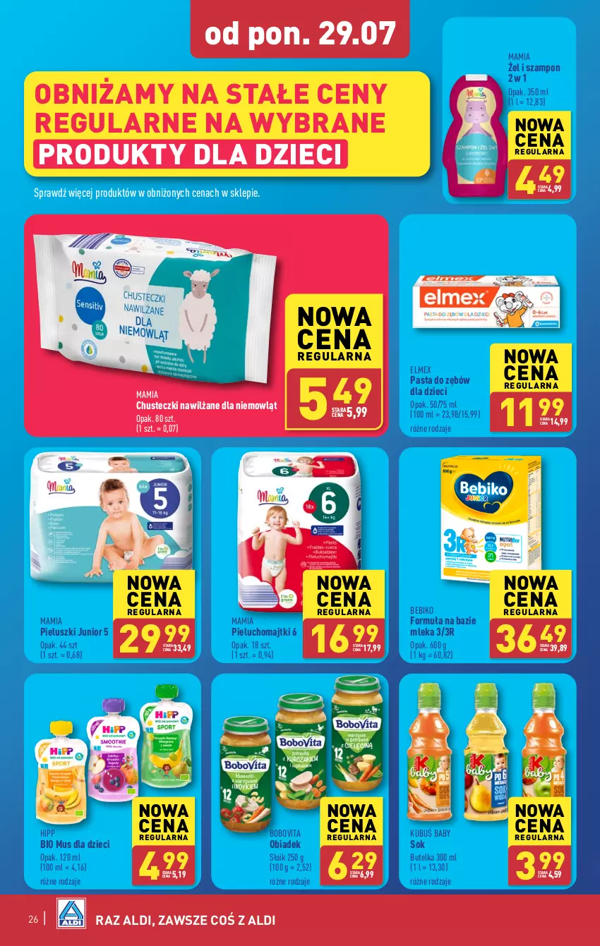 Gazetka promocyjna Aldi - Pełna oferta - ważna 29.07 do 03.08.2024 - strona 26 - produkty: Bebiko, BoboVita, Chusteczki, Dzieci, Elmex, HiPP, Kubuś, Majtki, Mus, Pasta do zębów, Pieluchomajtki, Sok, Szampon