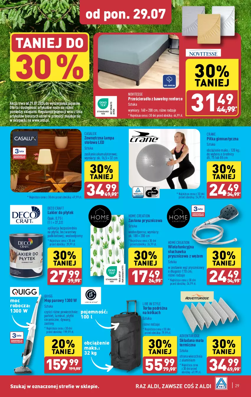 Gazetka promocyjna Aldi - Pełna oferta - ważna 29.07 do 03.08.2024 - strona 29 - produkty: Akumulator, Dywan, Lakier, Lampa, Lampa stołowa, Mop, Mop parowy, Podkład, Por, Prześcieradło, Silan, Słuchawka prysznicowa, Torba, Wełna, Zasłona, Zasłona prysznicowa