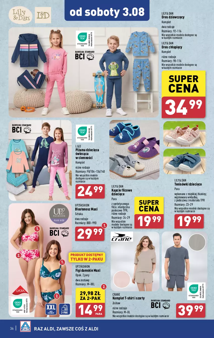 Gazetka promocyjna Aldi - Pełna oferta - ważna 29.07 do 03.08.2024 - strona 36 - produkty: Biustonosz, Dres, Dzieci, Fa, Figi, Kapcie, Piżama, Szorty, T-shirt, Tenisówki