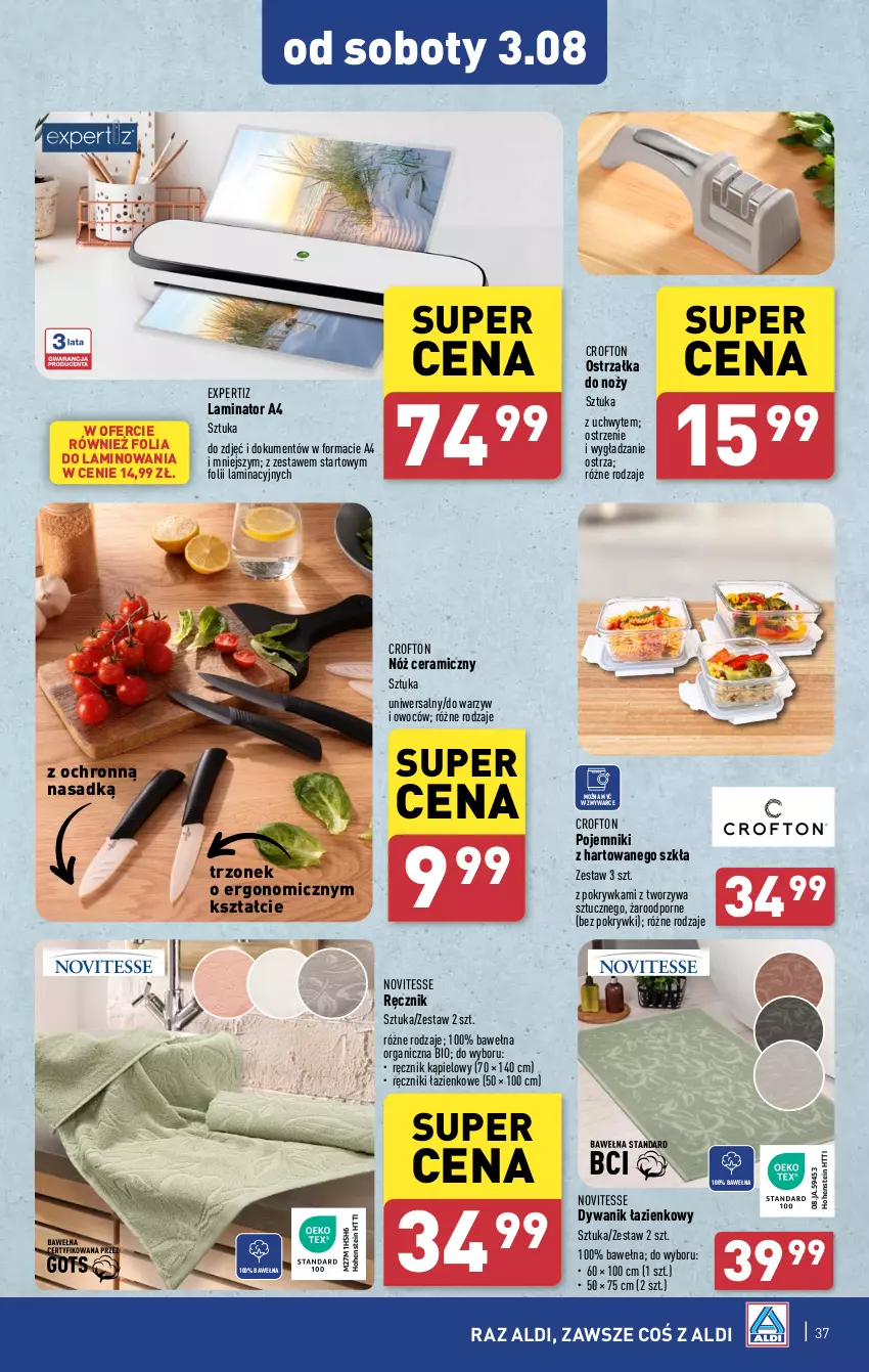 Gazetka promocyjna Aldi - Pełna oferta - ważna 29.07 do 03.08.2024 - strona 37 - produkty: Dywan, Dywanik, Dywanik łazienkowy, Noż, Nóż ceramiczny, Ostrzałka do noży, Pojemnik, Por, Ręcznik, Ręcznik kąpielowy, Wełna