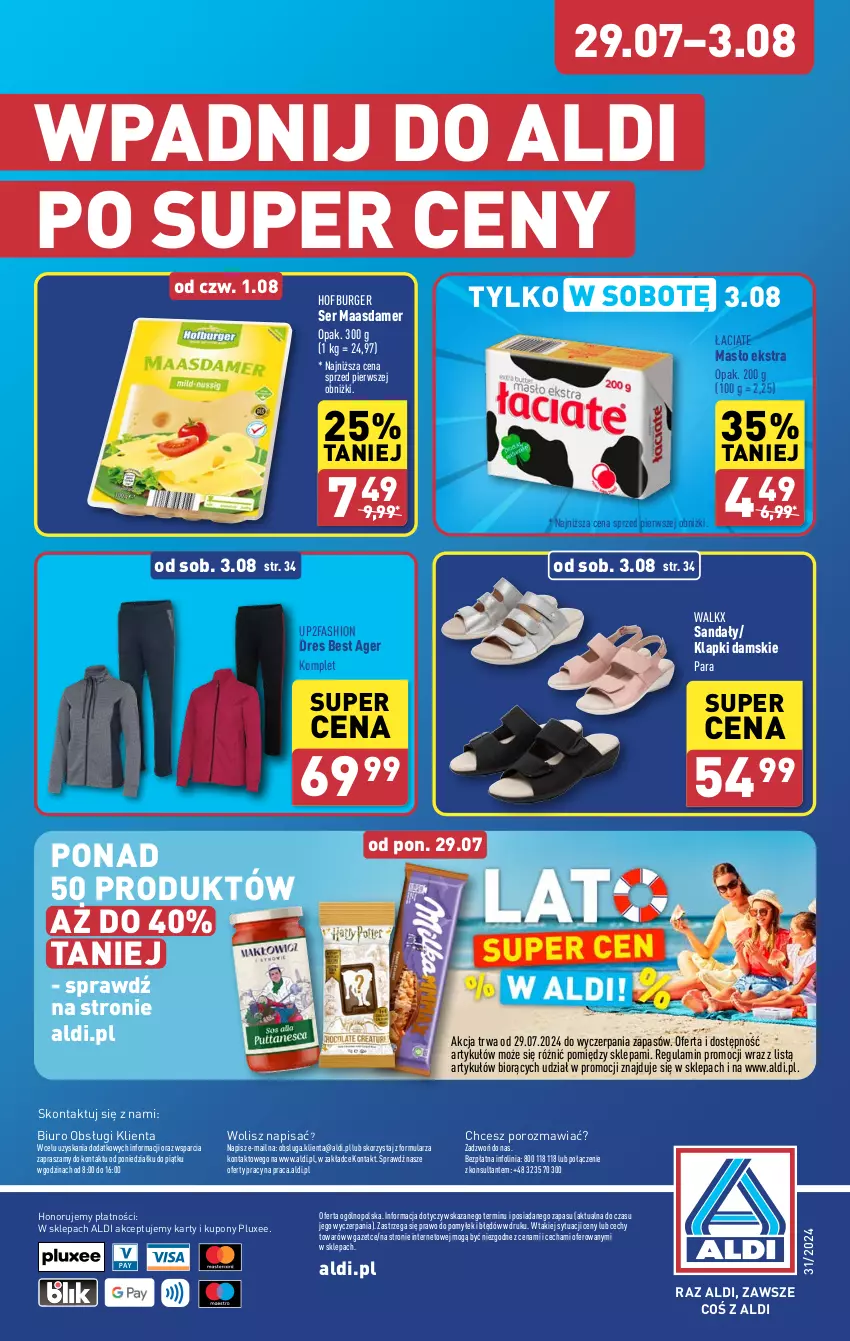 Gazetka promocyjna Aldi - Pełna oferta - ważna 29.07 do 03.08.2024 - strona 38 - produkty: Biuro, Burger, Dres, Fa, Hofburger, Klapki, Maasdam, Masło, O nas, Por, Sandał, Ser