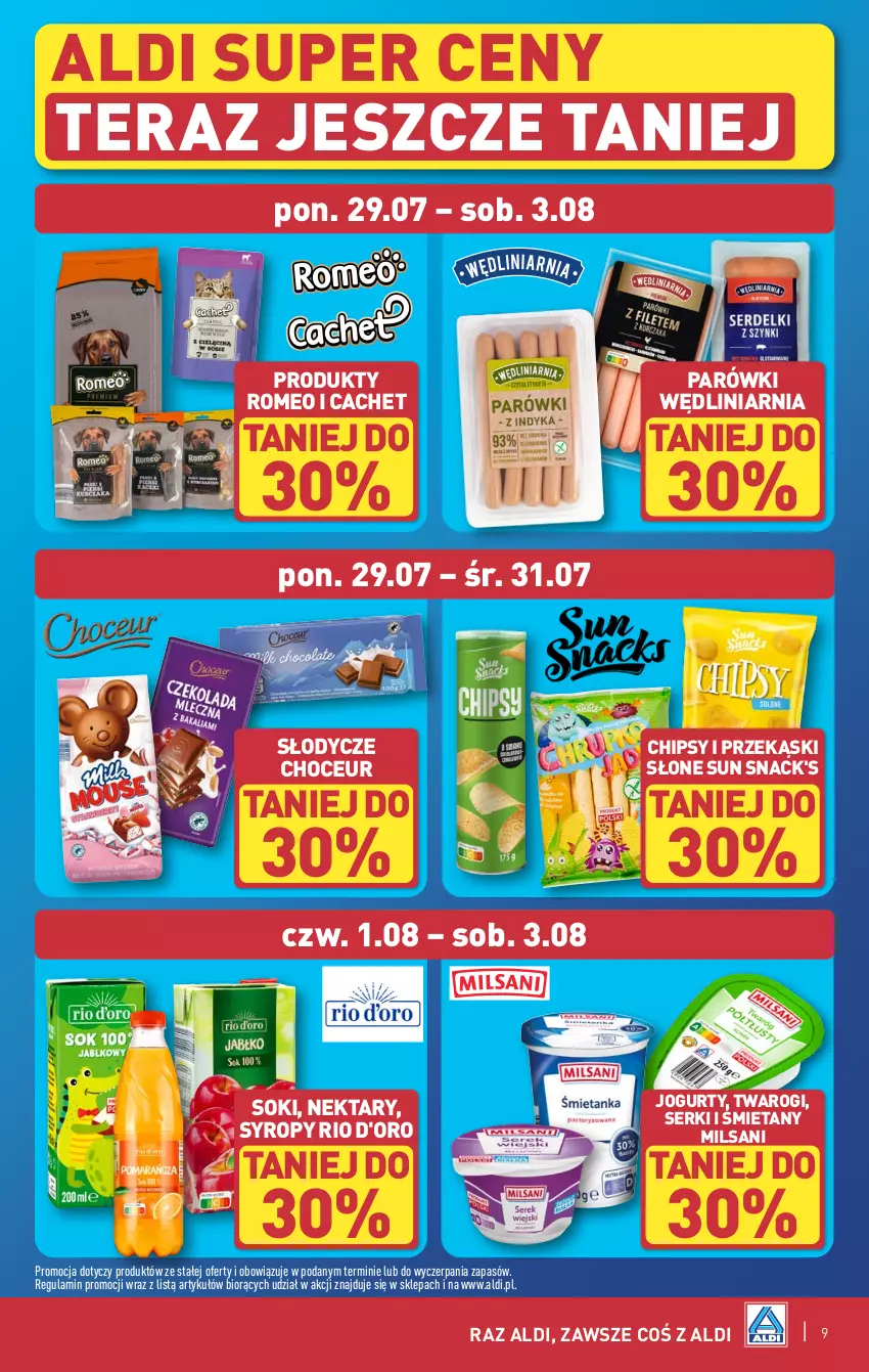 Gazetka promocyjna Aldi - Pełna oferta - ważna 29.07 do 03.08.2024 - strona 9 - produkty: Chipsy, Jogurt, Nektar, Parówki, Ser, Sok, Syrop, Syropy, Tera