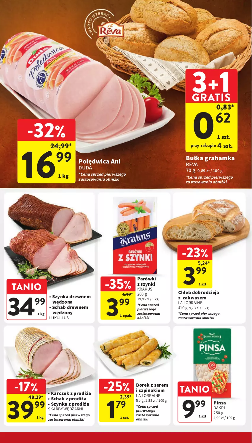 Gazetka promocyjna Intermarche - Gazetka Intermarche - ważna 25.04 do 29.04.2024 - strona 22 - produkty: Bułka, Bułka grahamka, Chleb, Duda, Gra, Krakus, Parówki, Parówki z szynki, Polędwica, Ser, Szpinak, Szynka