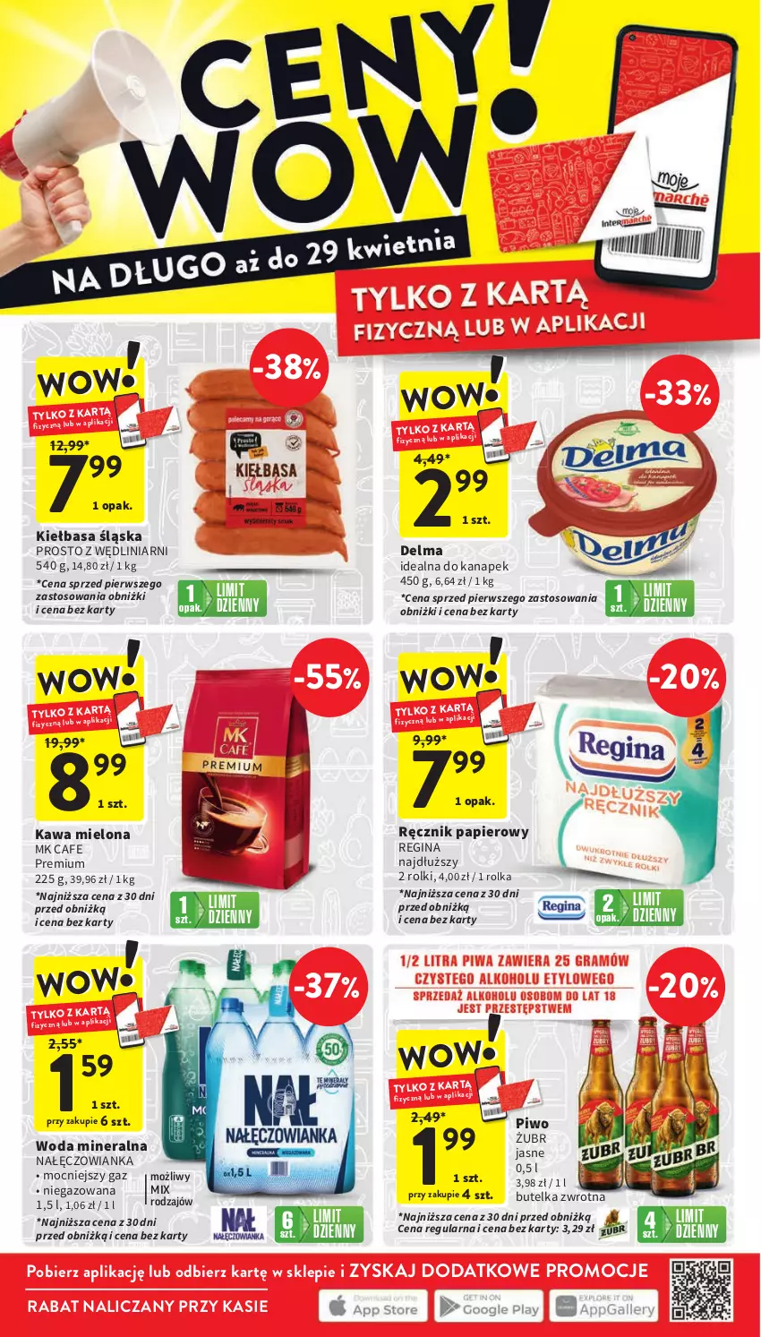 Gazetka promocyjna Intermarche - Gazetka Intermarche - ważna 25.04 do 29.04.2024 - strona 40 - produkty: Delma, Gin, Kawa, Kawa mielona, Kiełbasa, Kiełbasa śląska, Nałęczowianka, Papier, Piwo, Ręcznik, Rolki, Woda, Woda mineralna