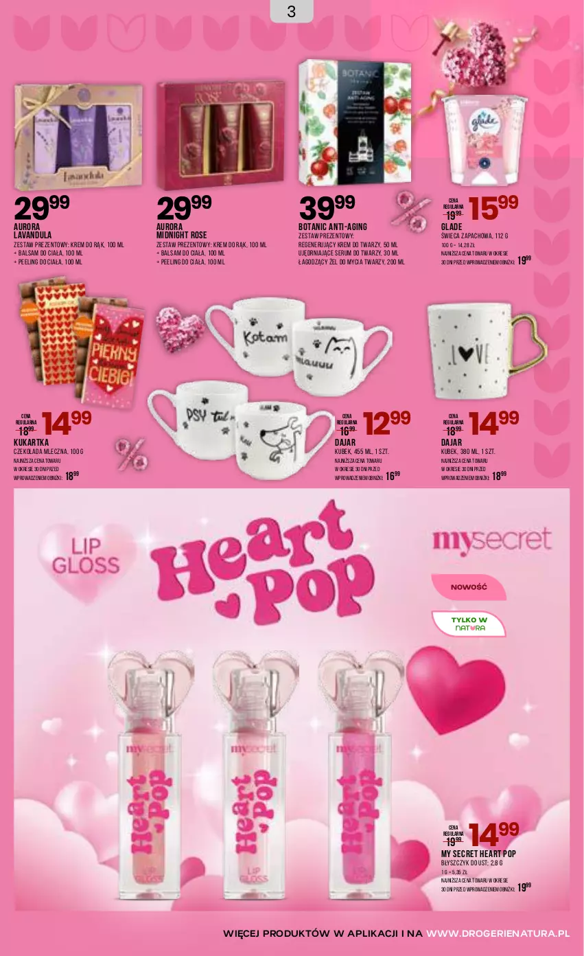 Gazetka promocyjna Drogerie Natura - Gazetka Drogerie Natura - ważna 03.02 do 15.02.2026 - strona 3 - produkty: Balsam do ciała, Błyszczyk do ust, Czekolada, Czekolada mleczna, Gin, Krem do rąk, Krem do twarzy, Kubek, Peeling, Rum, Ser, Serum, Serum do twarzy, Zestaw prezentowy