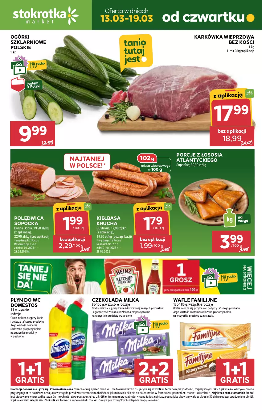 Gazetka promocyjna Stokrotka - Market - ważna 13.03 do 19.03.2025 - strona 1 - produkty: Czekolada, Domestos, Fa, Gra, Karkówka wieprzowa, Kiełbasa, Kiełbasa krucha, Mięso, Milka, Owoce, Płyn do wc, Polędwica, Por, Sos, Wafle, Warzywa